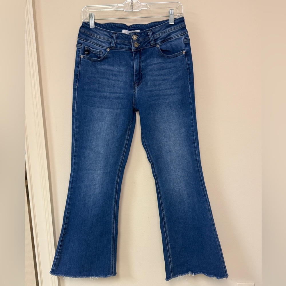 KanCan: Women's Dark Wash Blue Flare Jeans, Raw Hem, Size 11/29